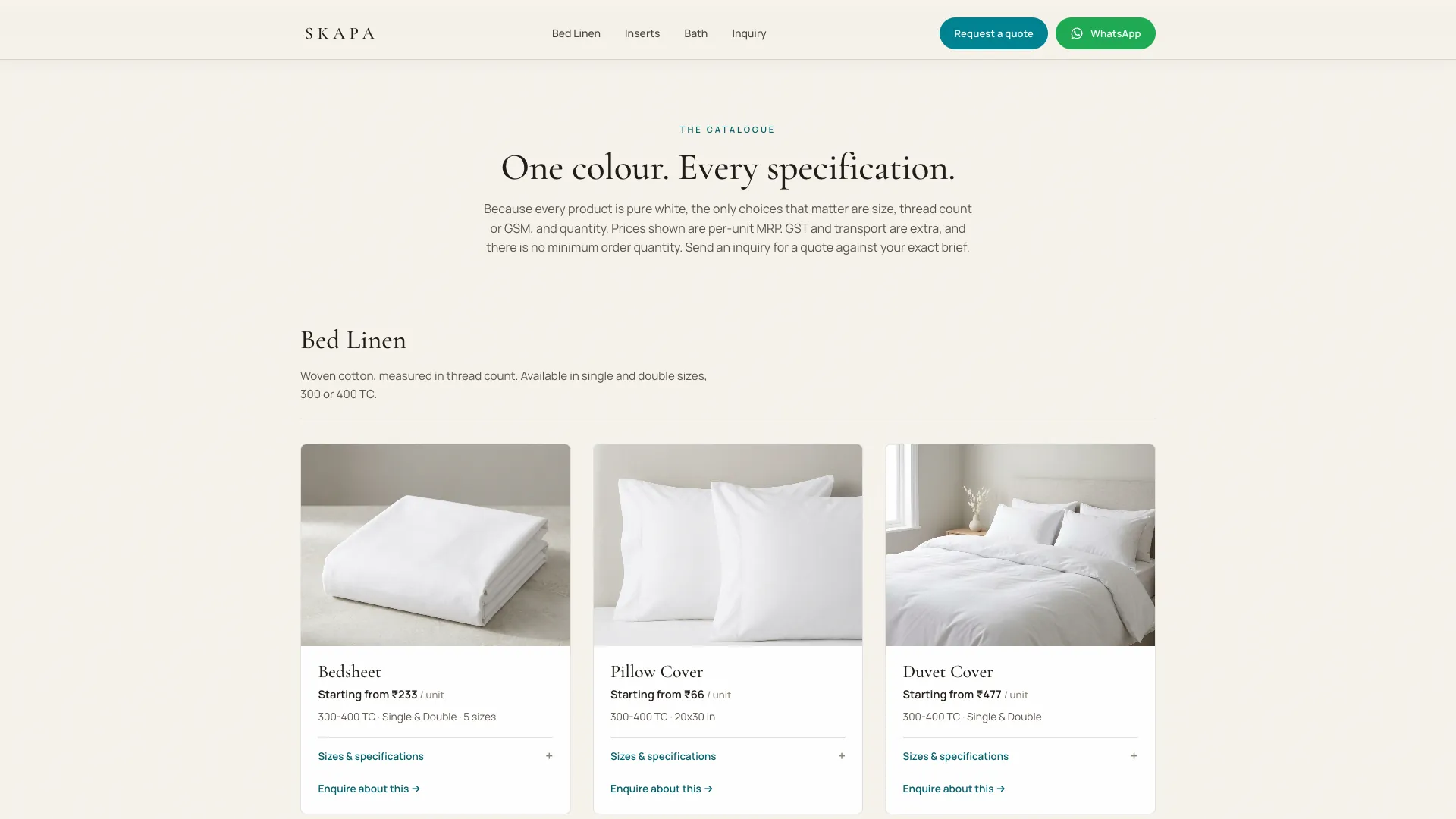Catalogue introduction — the all-white range organised into Bed Linen, Inserts and Bath.