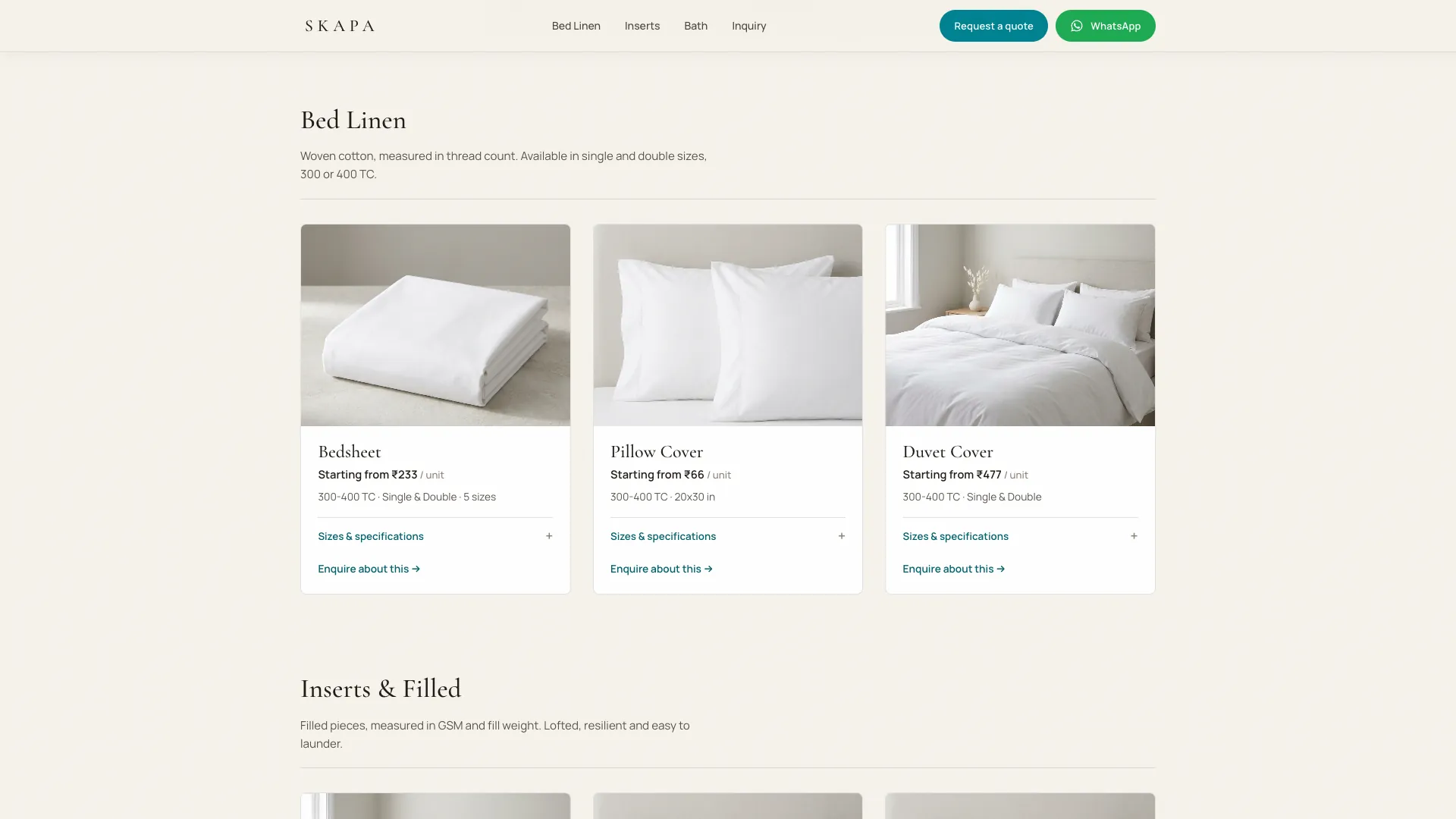 Bed Linen — bedsheets, pillow covers and duvet covers with thread count and per-unit MRP.