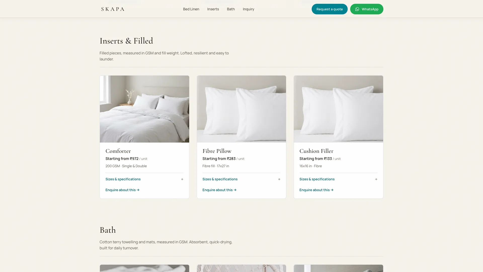 Inserts & Filled — comforters, pillows and cushion fillers graded by GSM and fill weight.