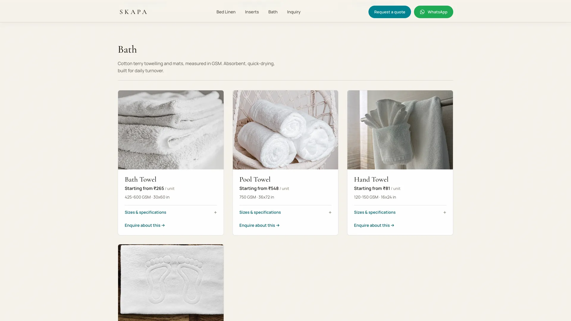 Bath — towelling and mats graded by GSM.