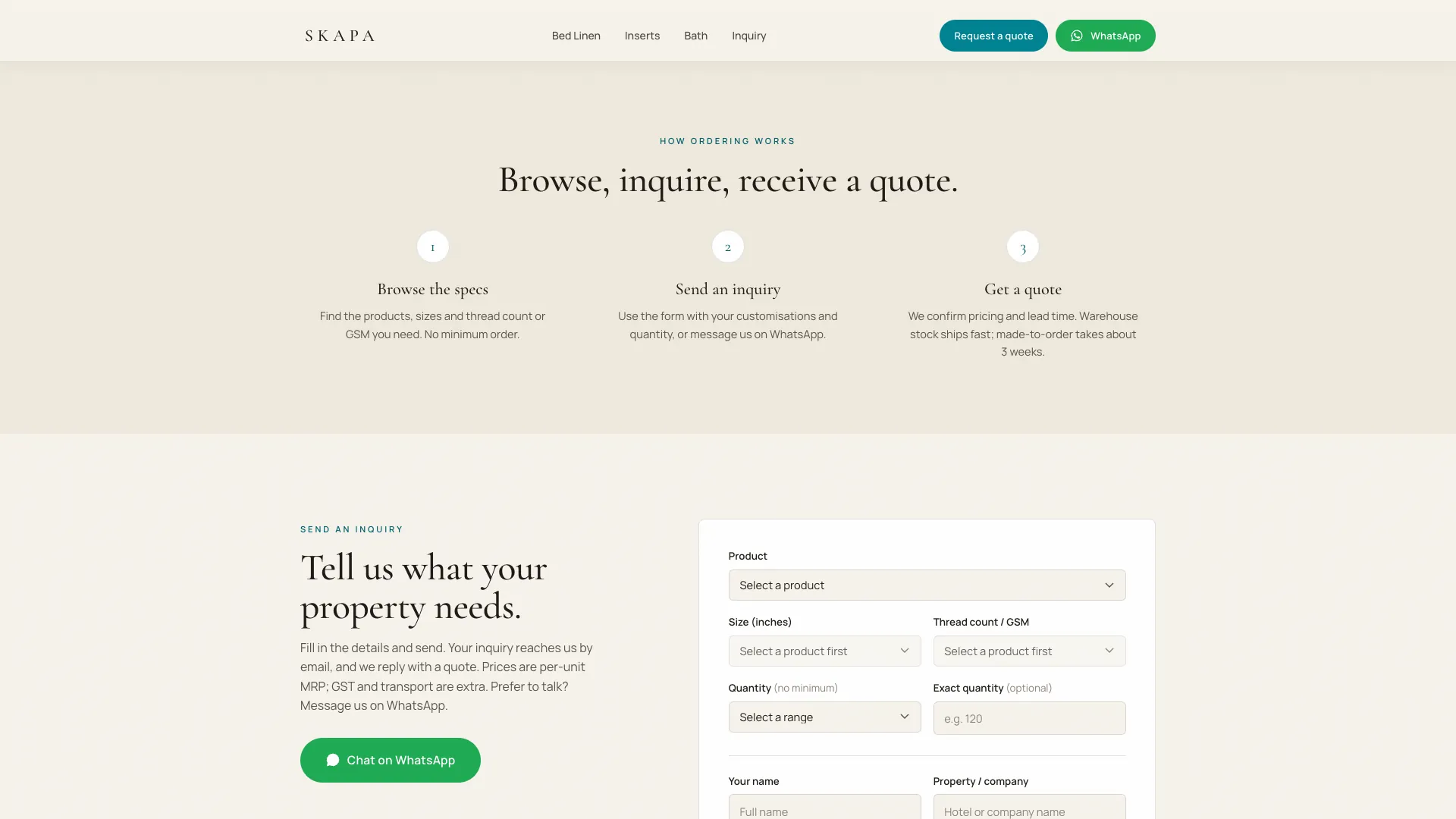 The three-step ordering explainer: browse the specs, send an inquiry, get a quote.