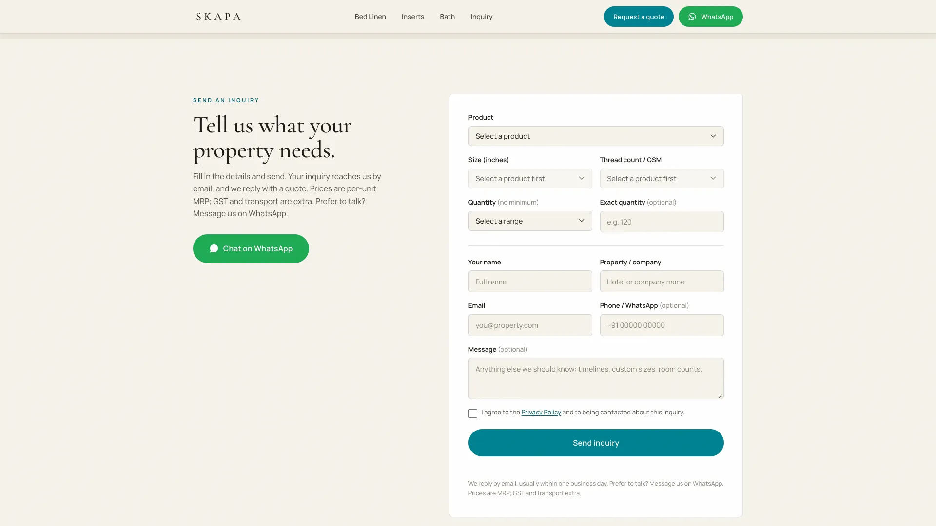 Product-aware inquiry form with product, size, spec and quantity fields, privacy consent, and a WhatsApp fallback.