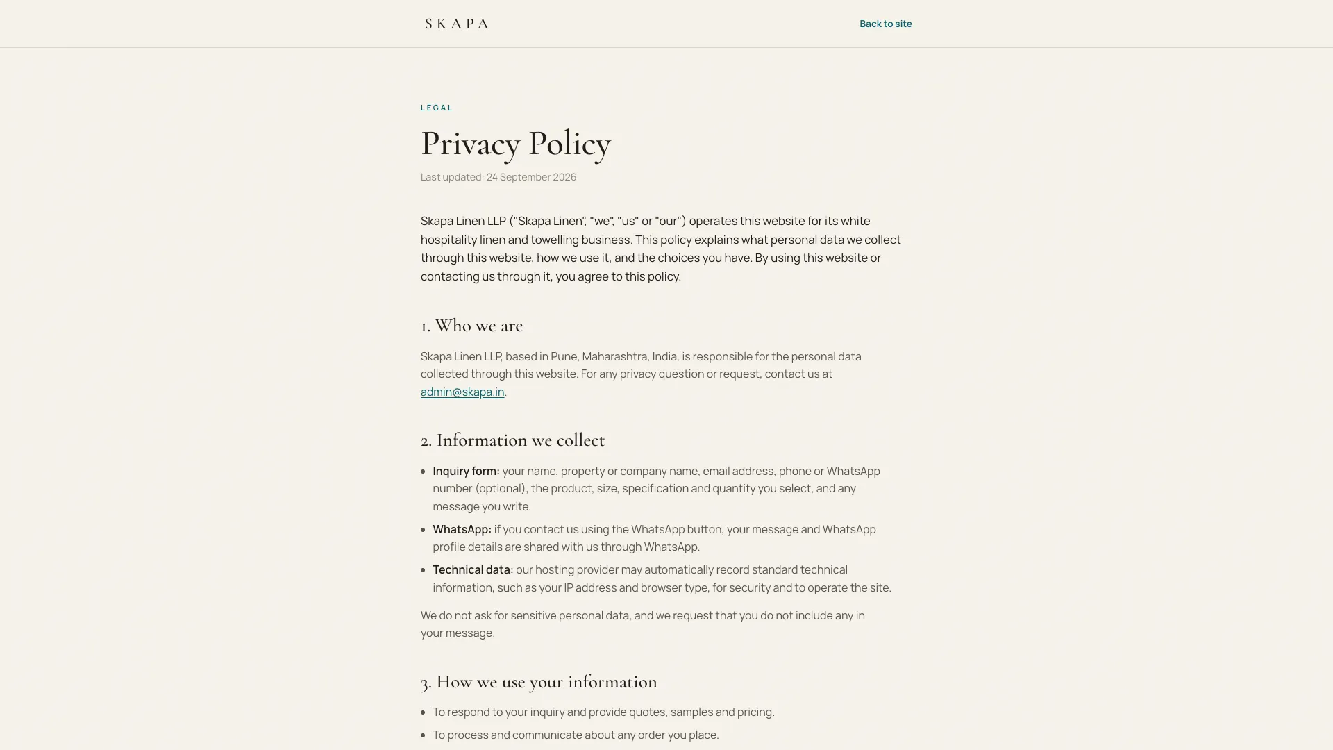 DPDP-aware privacy policy page covering the personal data collected by the inquiry form.