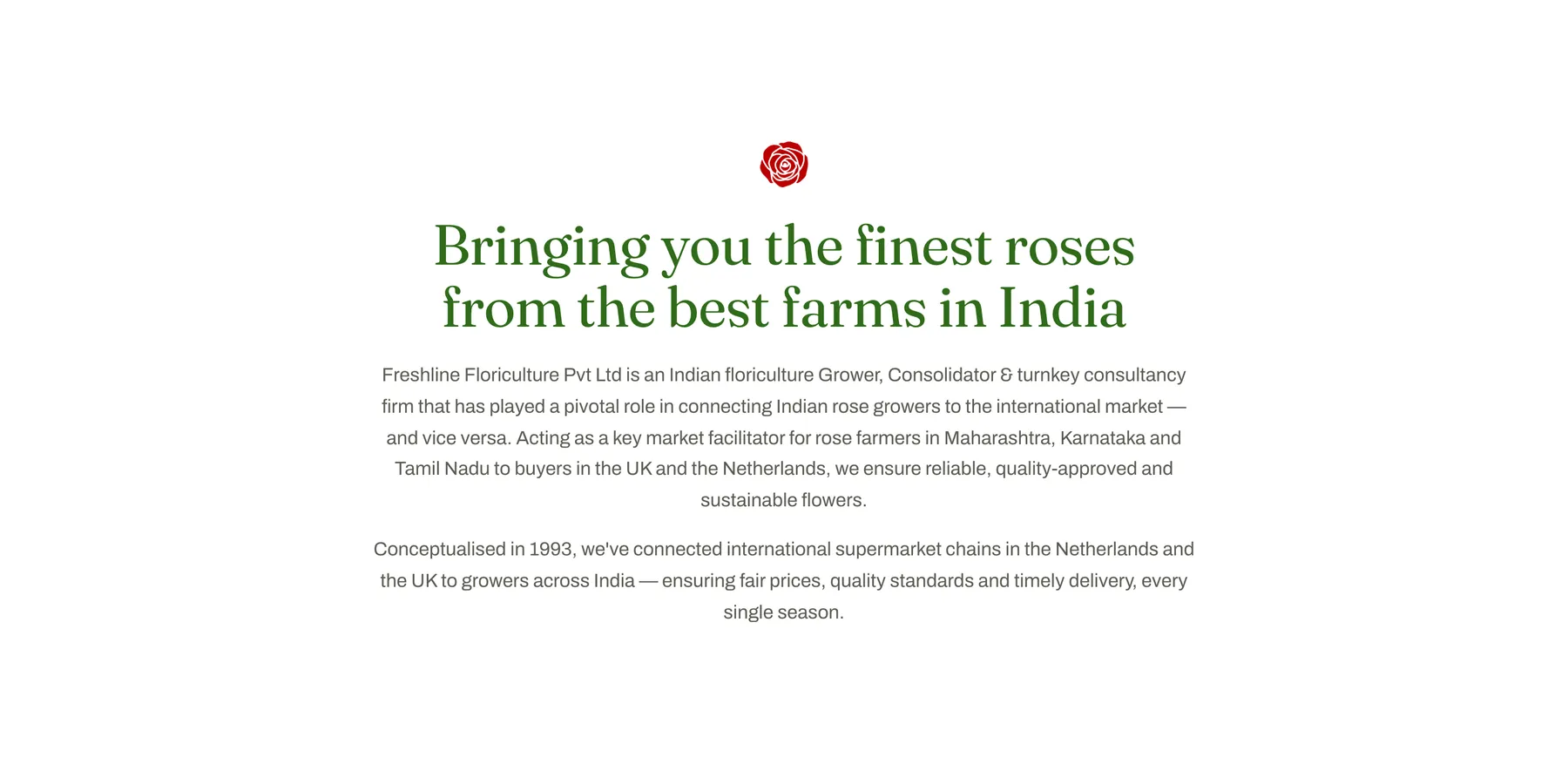 Freshline positioning section — Bringing you the finest roses from the best farms in India