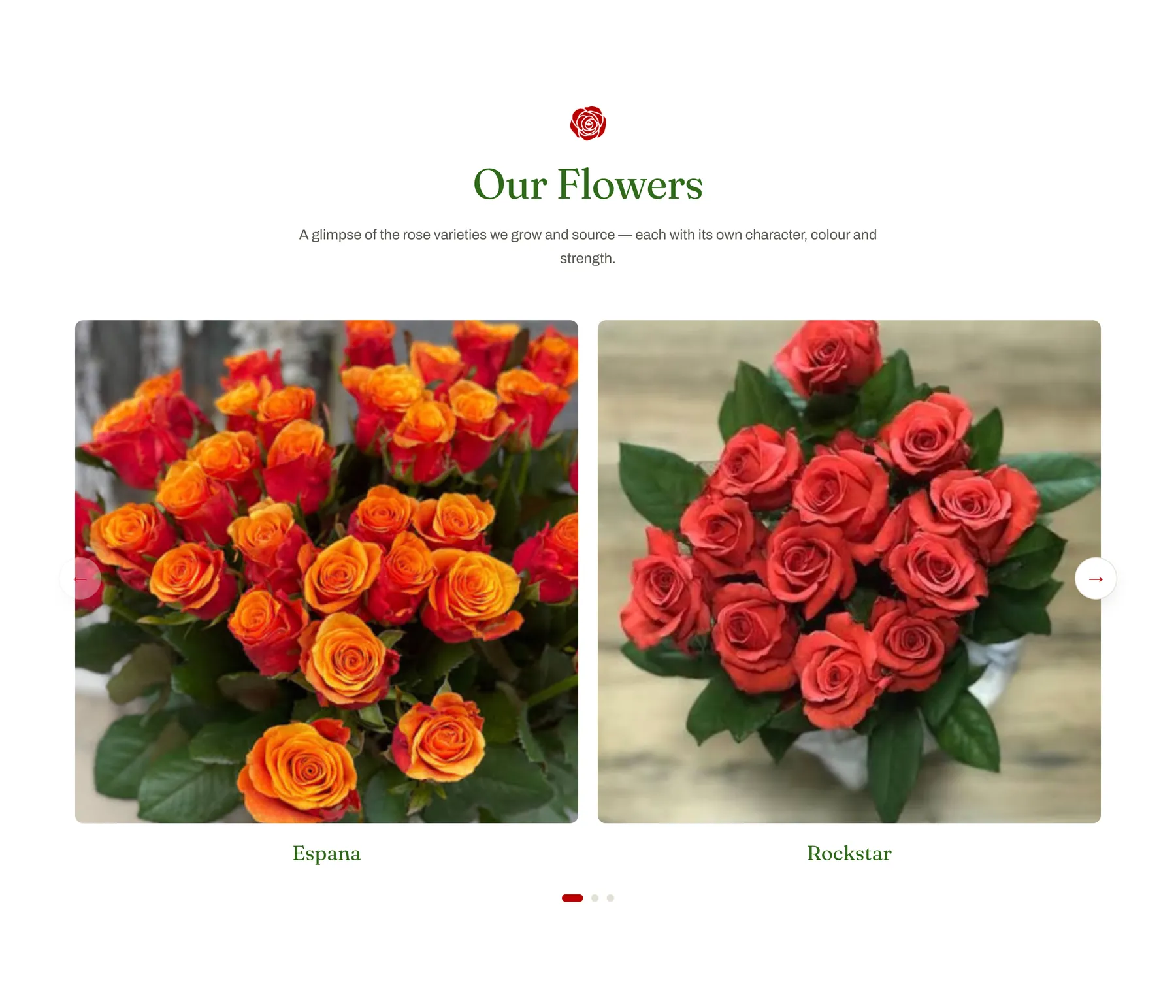 Our Flowers — a two-up slider of named rose varieties from the client's own photography