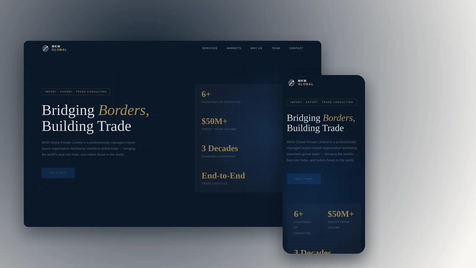 MKM Global — multi-device composite showing the marketing site on desktop, tablet, and phone