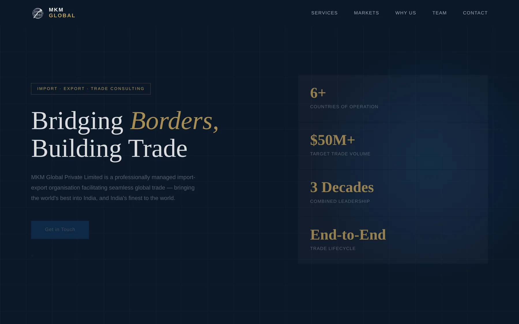 MKM Global homepage hero — navy and gold treatment with serif headline