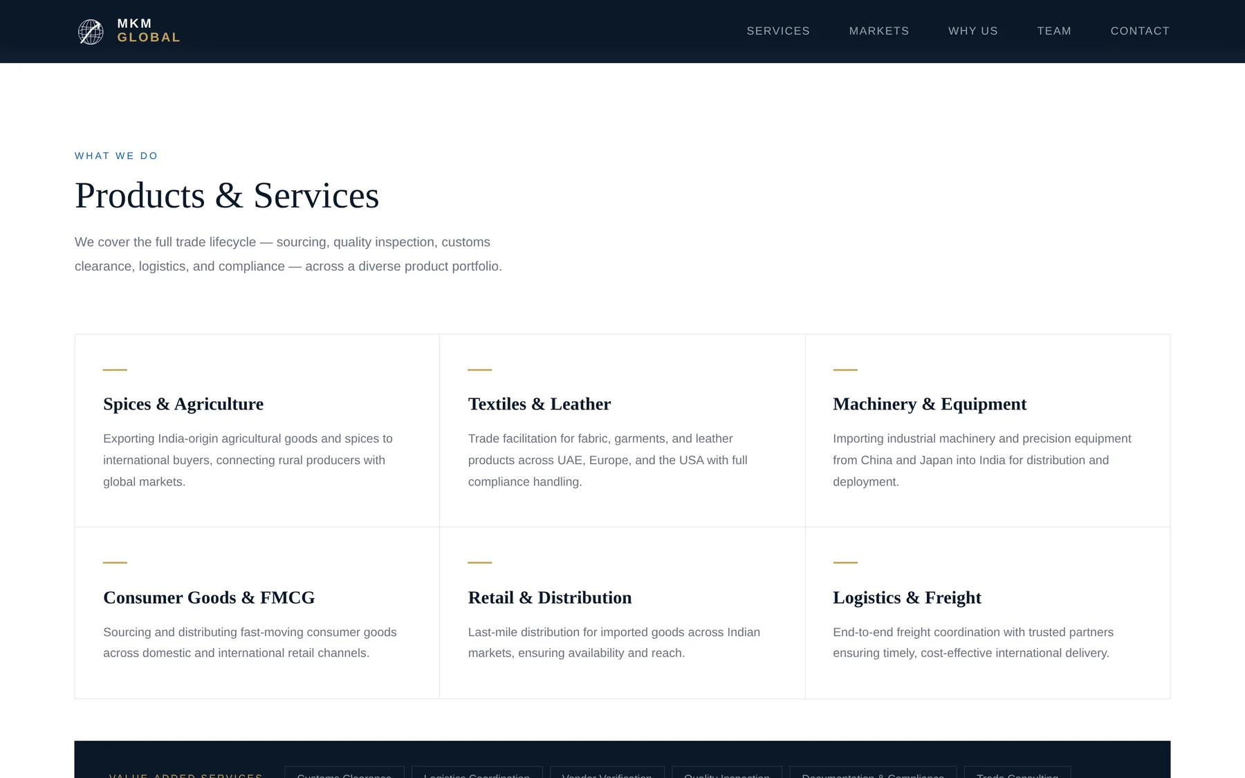 MKM Global services grid with value-added tags