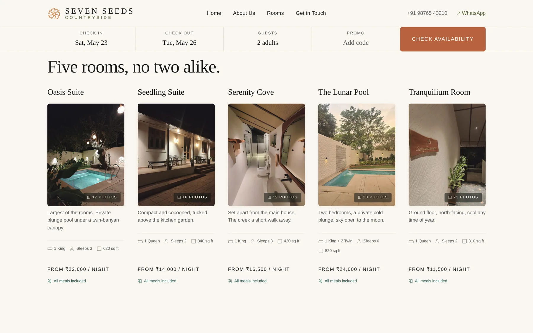 Seven Seeds rooms grid — all five rooms in a uniform layout
