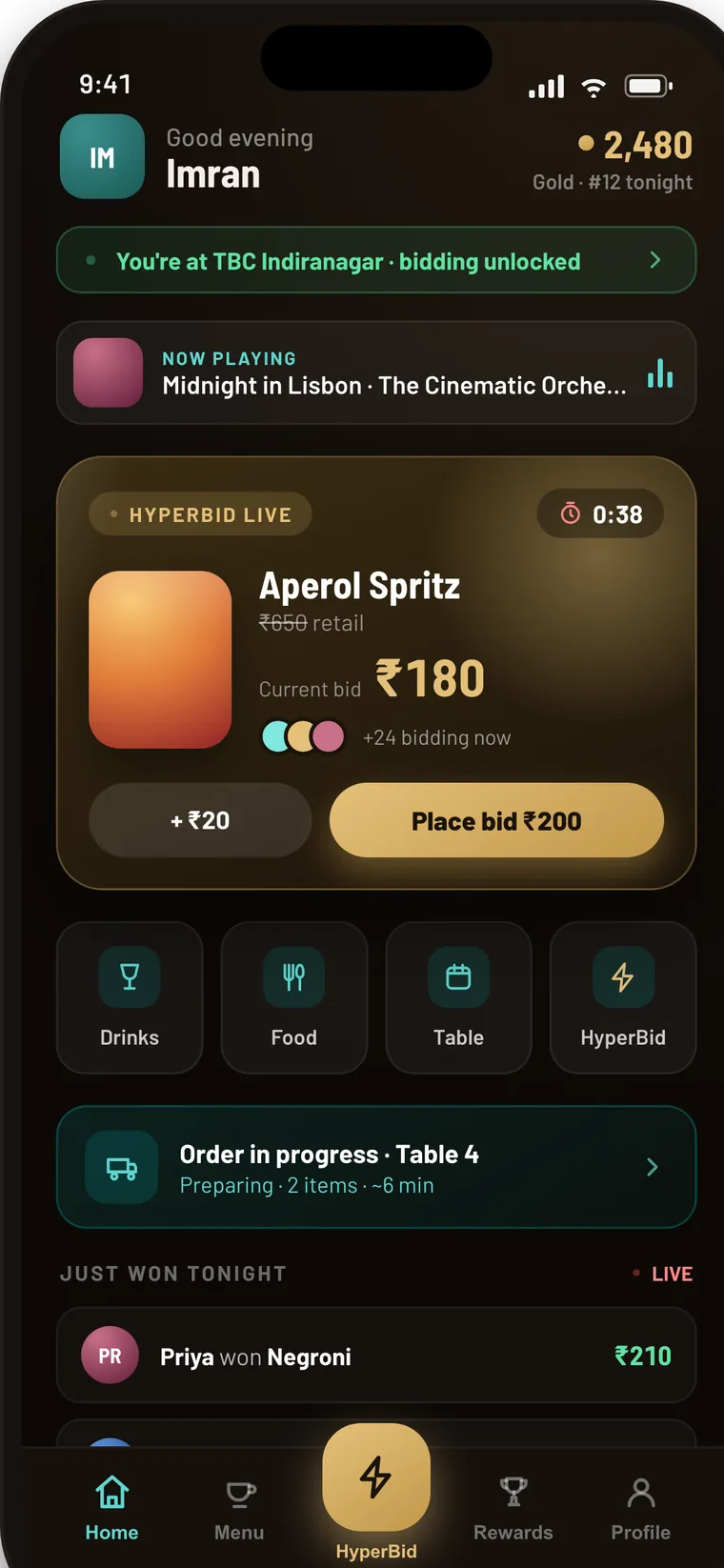 Guest app home: live HyperBid lot with countdown, quick links, order in progress, and tonight's wins.