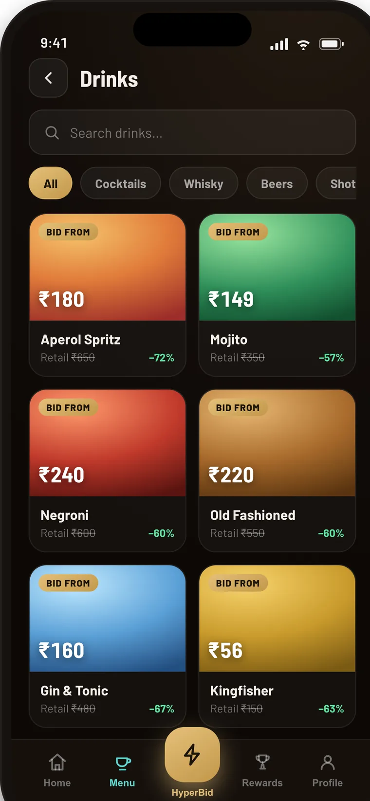 Drinks menu with bid-from prices against struck retail prices and category chips.