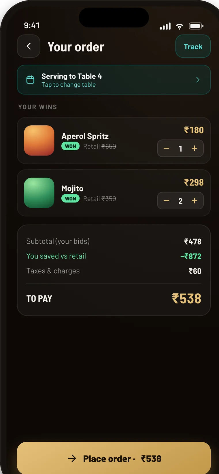 Your order: won lots with savings against retail and the amount to pay.