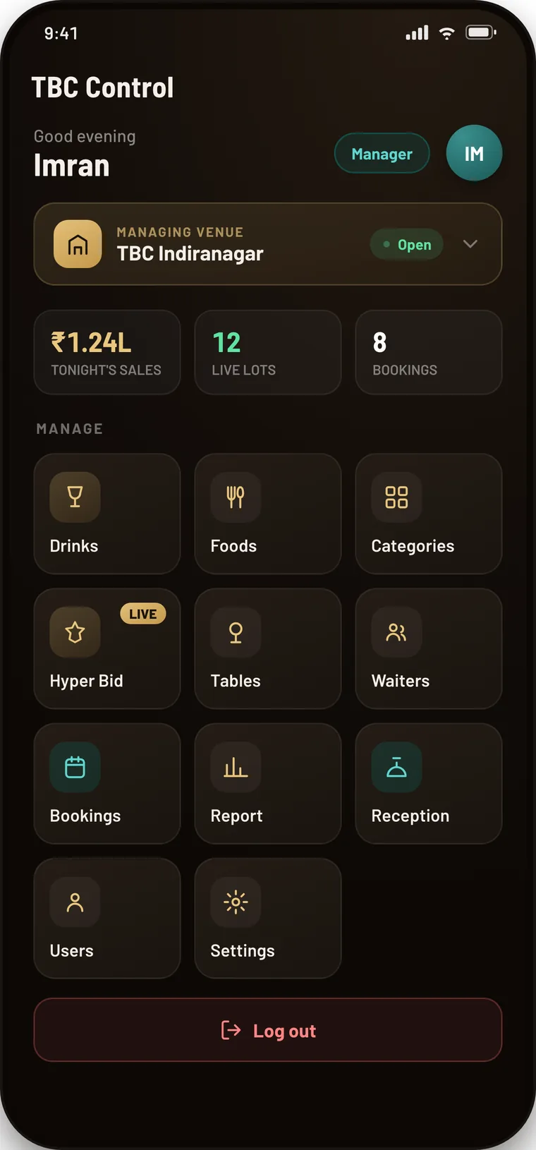TBC Control dashboard with tonight's sales, live lots, bookings and management tiles.