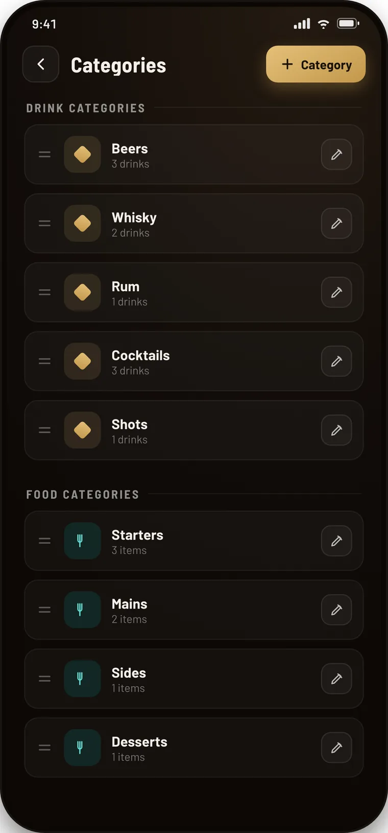 Category manager listing drink and food categories with reorder and edit controls.