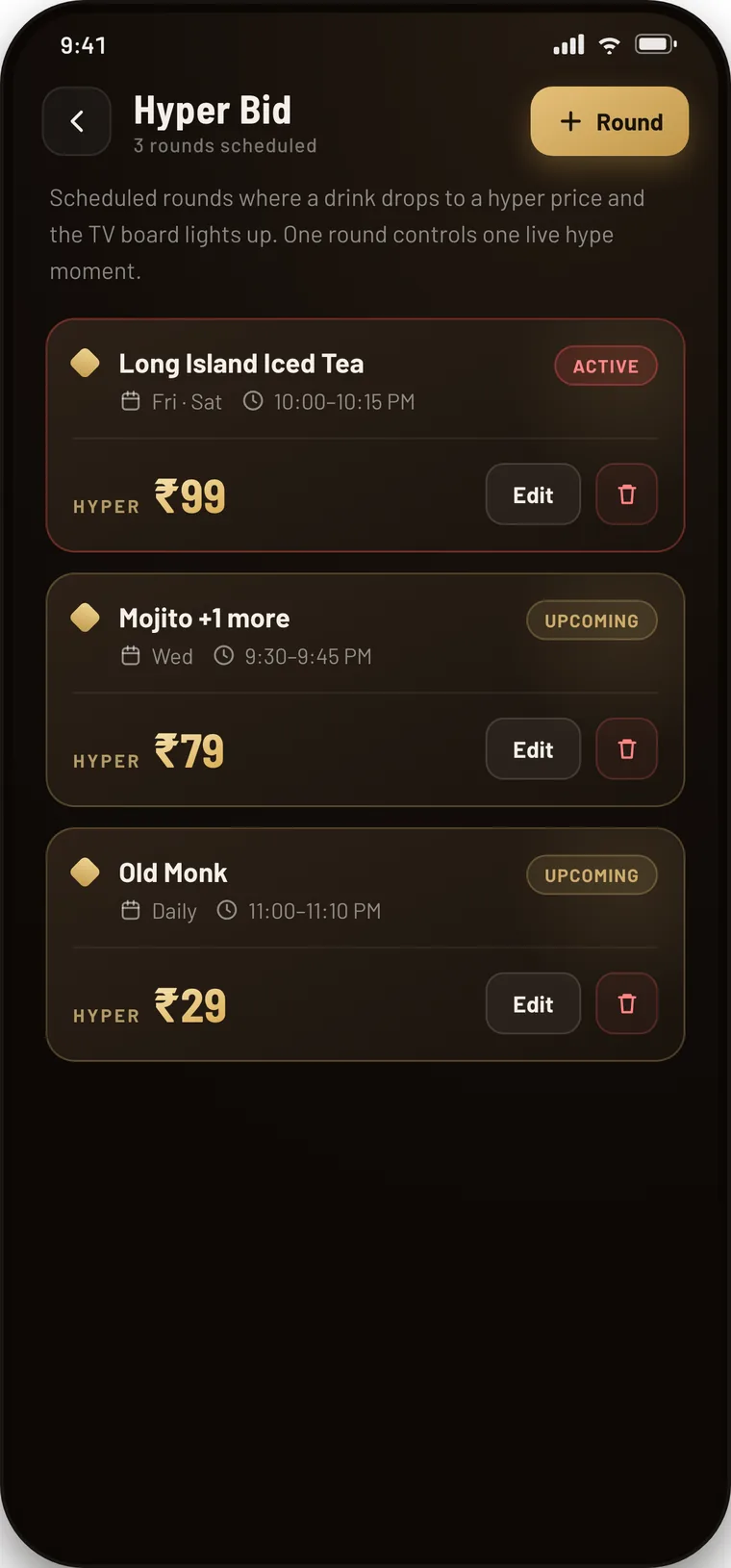 HyperBid scheduling with active and upcoming rounds, days, times and hyper prices.