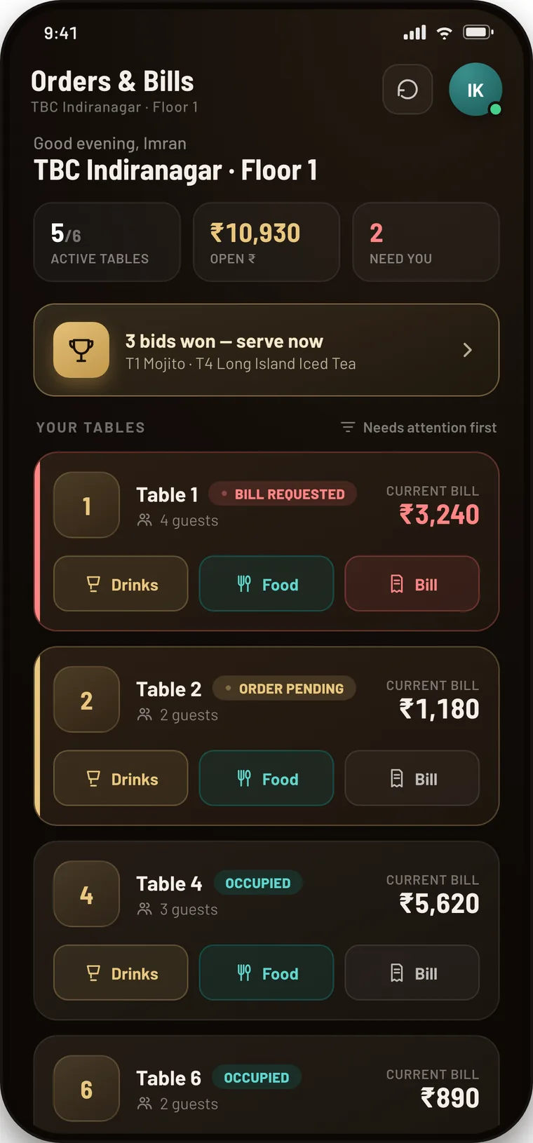 Orders and bills dashboard listing tables with current bills and status.