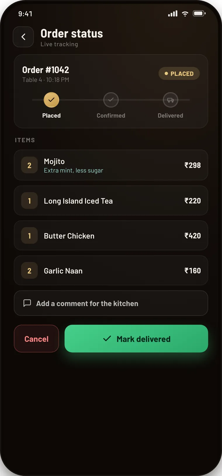 Order status with placed, confirmed and delivered stages.
