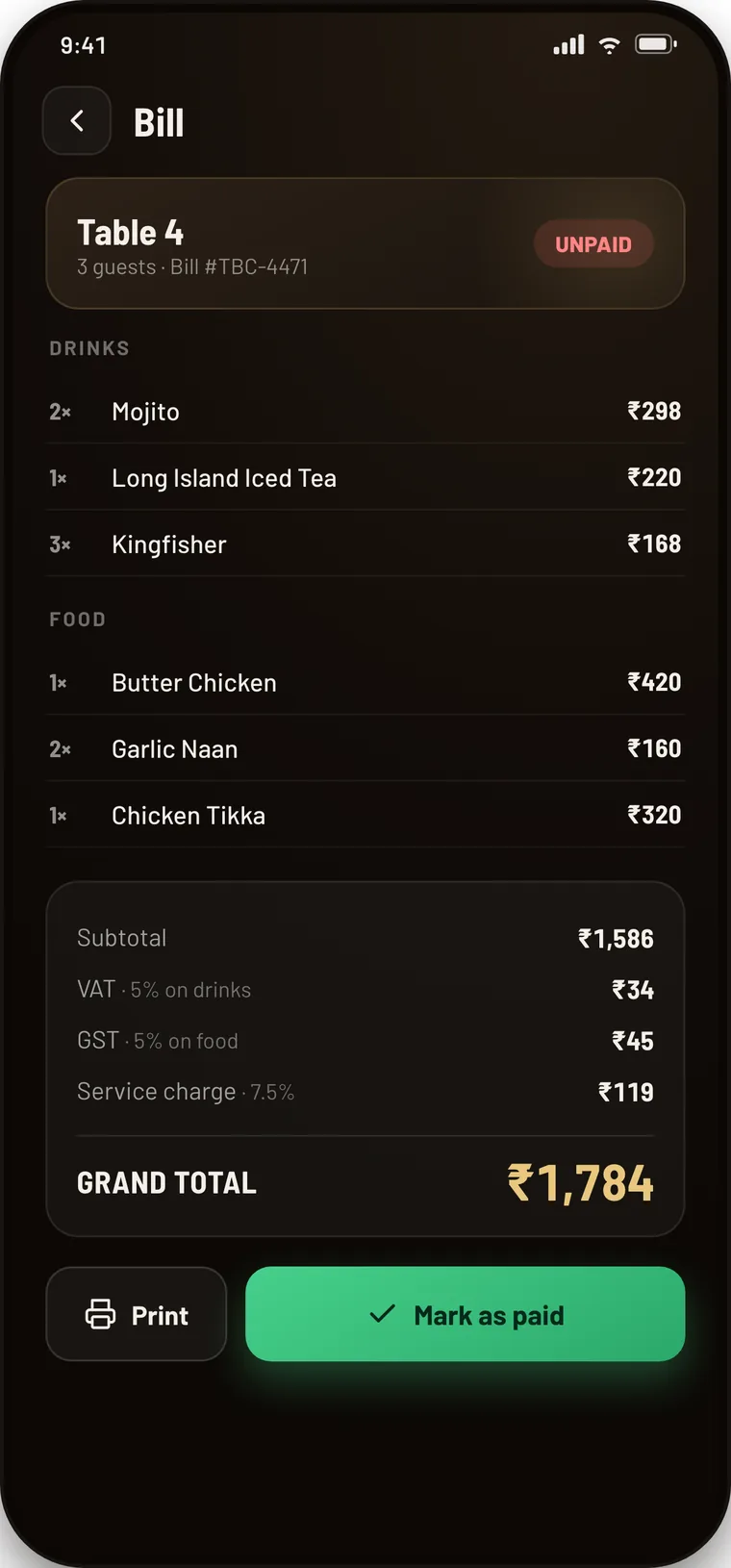 Itemised bill split into drinks and food with taxes and grand total.