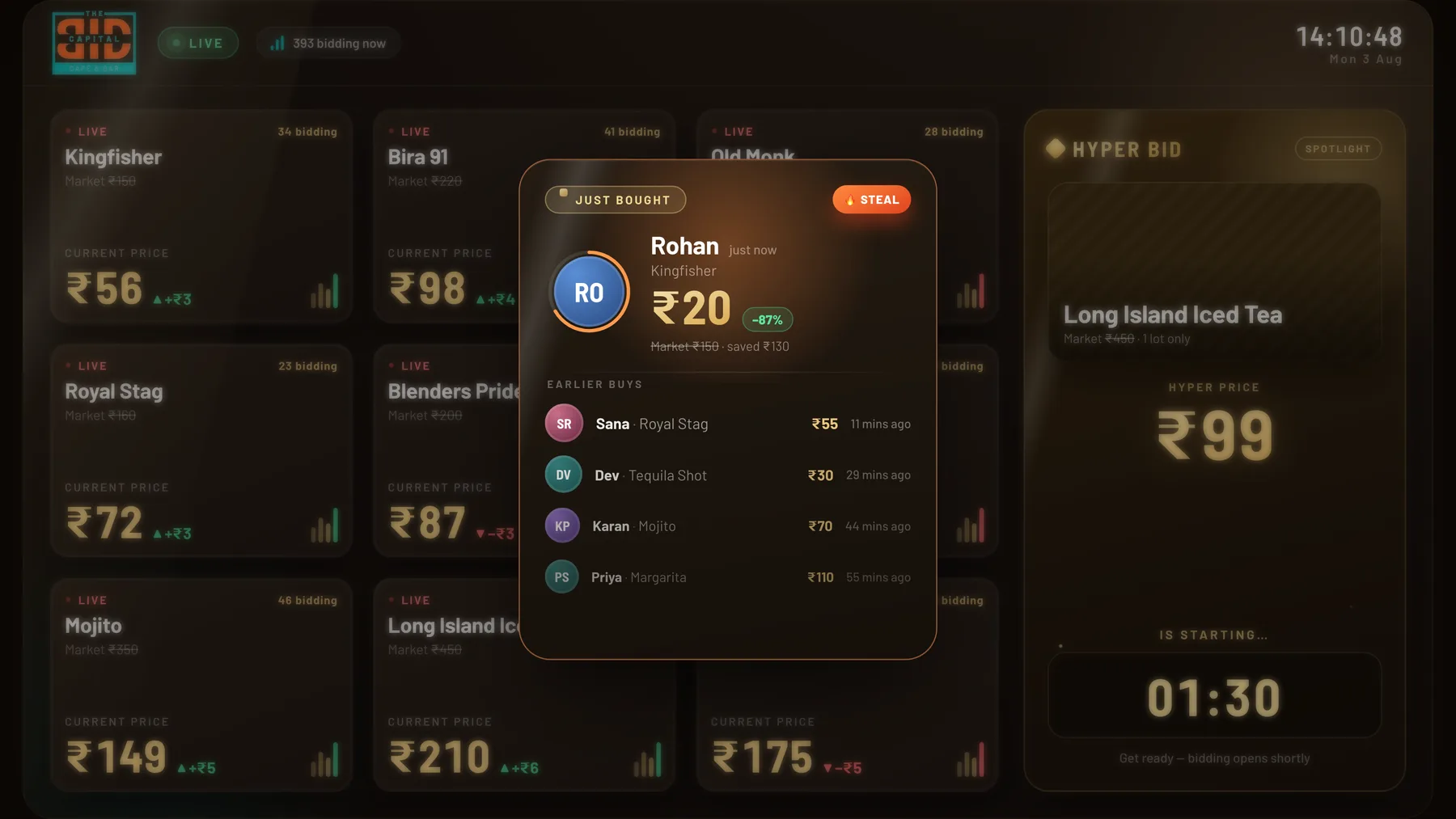 The Bid Capital live TV bid board: a grid of live drink lots with current prices in rupees, bid counts, and a HyperBid spotlight panel.
