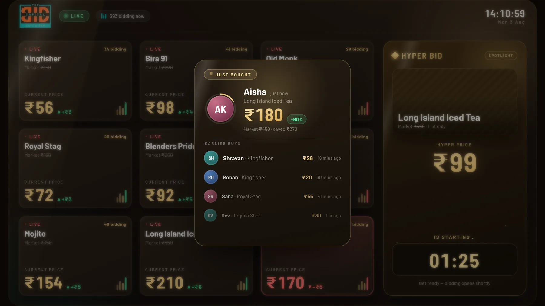A live purchase celebrated on the board with a just-bought overlay and a steal flag on a large saving.